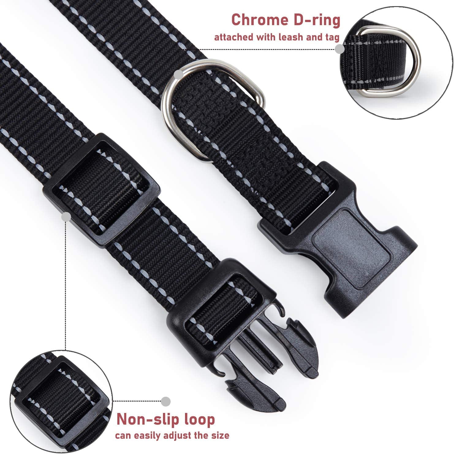 Adjustable Reflective Nylon Dog Collar with Buckle for Small, Medium, and Large Dogs - Black Size S