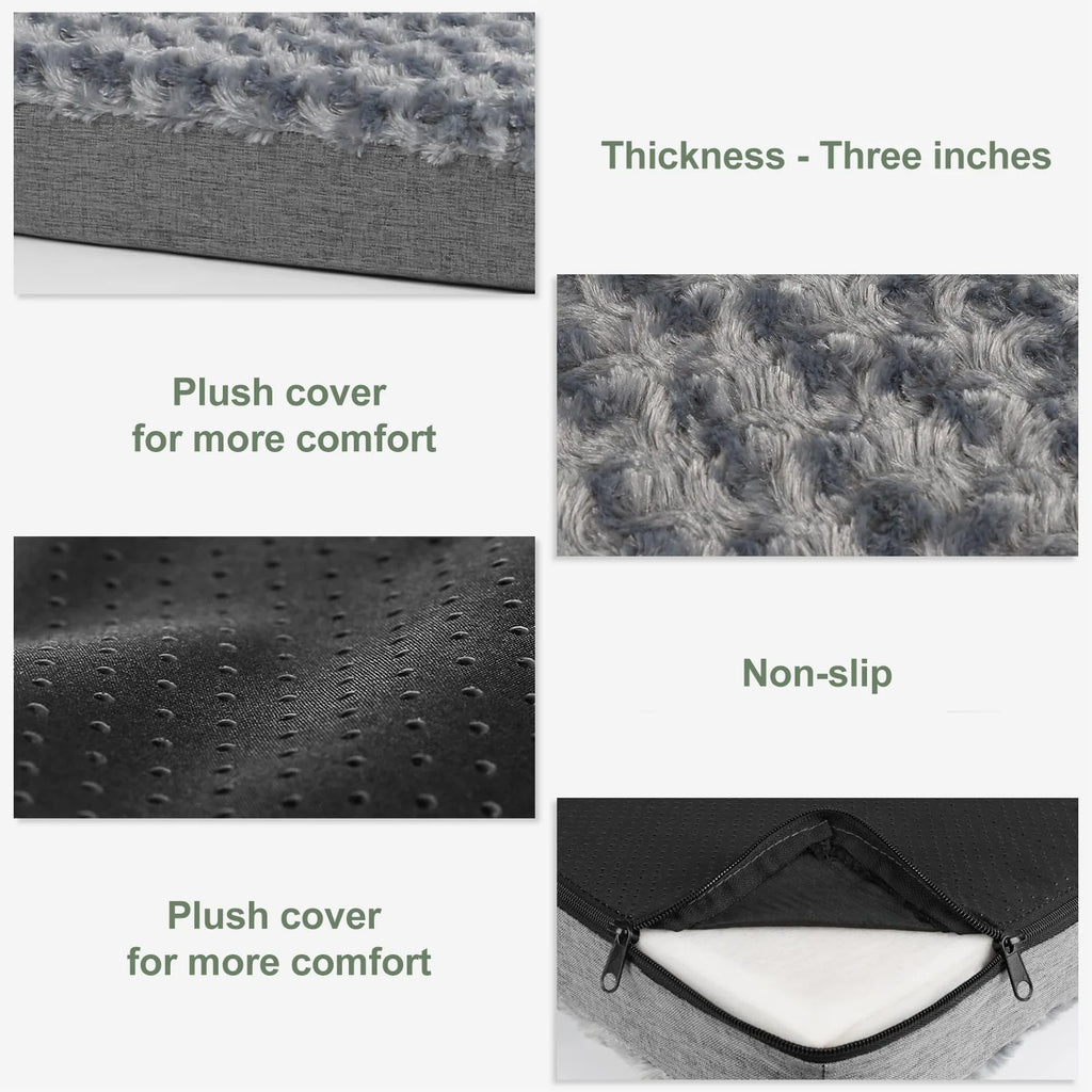 Orthopedic Memory Foam Dog Bed for Large Dogs, Washable Crate Pad with Removable Faux Fur Cover, Soft Plush Design, Suitable for Dogs up to 65 lbs (Grey, 36" x 27" x 3")