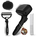 4-in-1 Dog Grooming Kit: Self-Cleaning Shedding Rake, Push-Button Retractable Pin Brush, Scratch-Free Undercoat Rake, and Professional Steel Combs