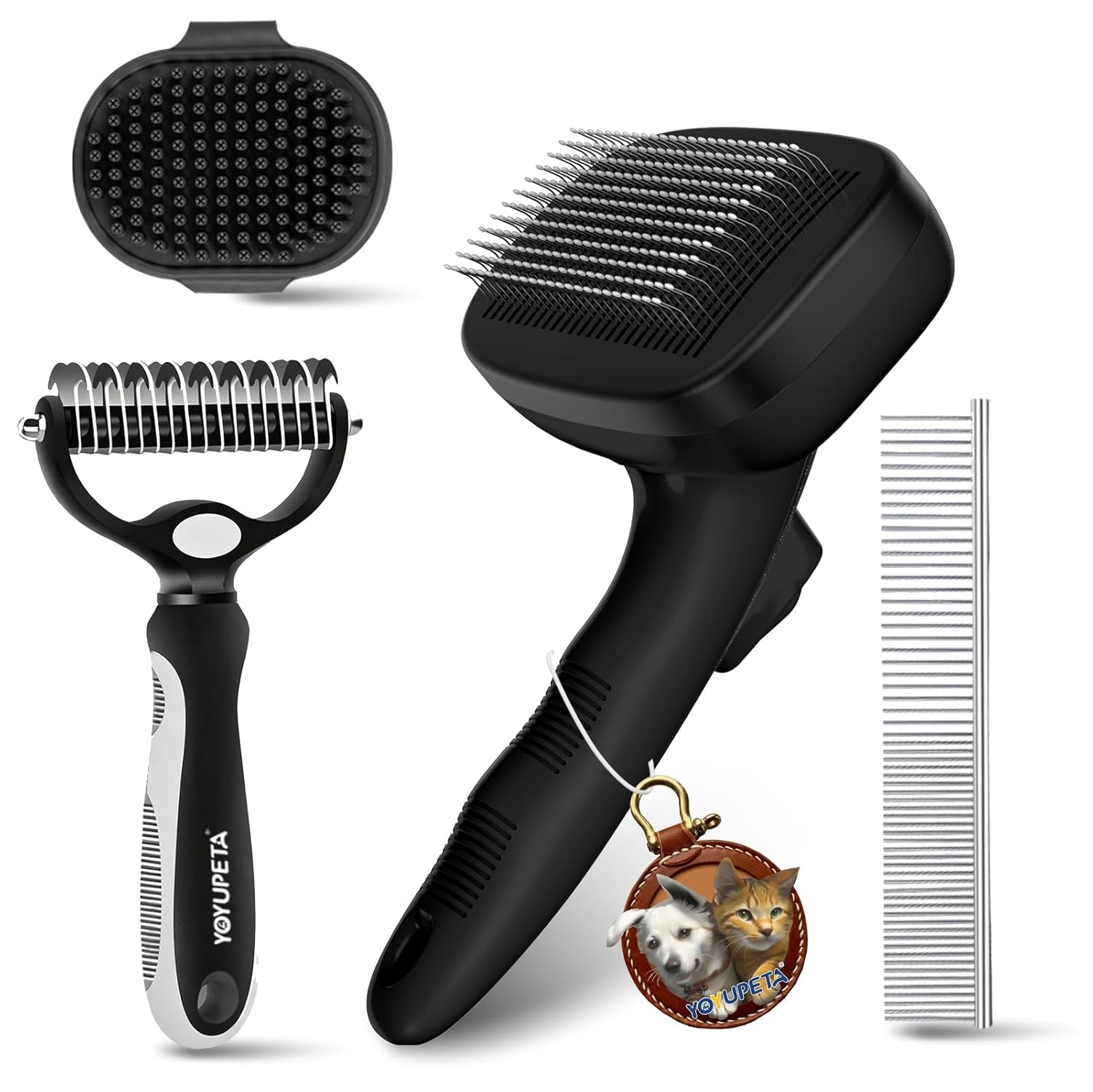 4-in-1 Dog Grooming Kit: Self-Cleaning Shedding Rake, Push-Button Retractable Pin Brush, Scratch-Free Undercoat Rake, and Professional Steel Combs