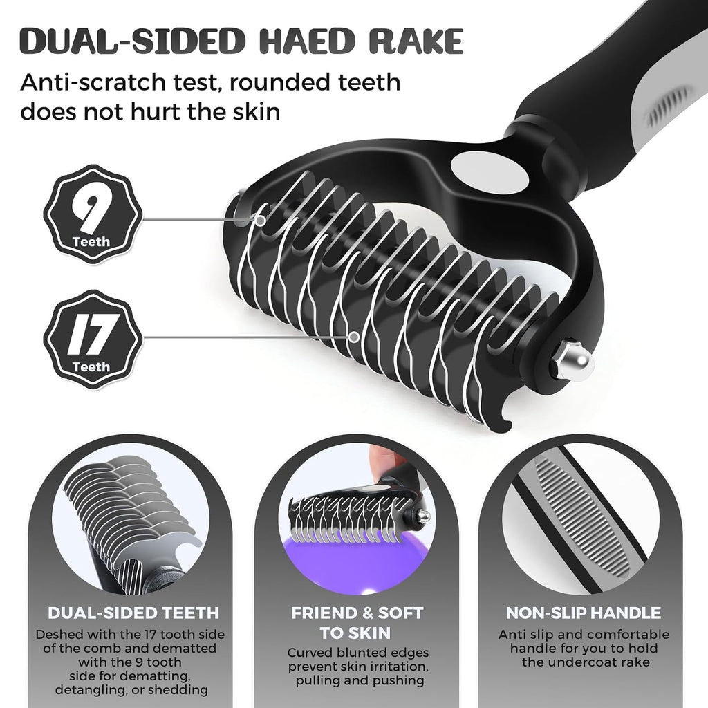 4-in-1 Dog Grooming Kit: Self-Cleaning Shedding Rake, Push-Button Retractable Pin Brush, Scratch-Free Undercoat Rake, and Professional Steel Combs
