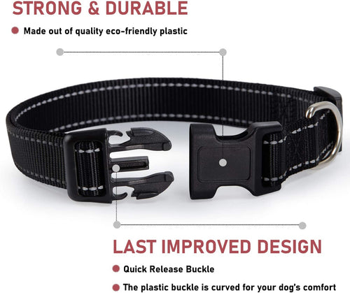 Adjustable Reflective Nylon Dog Collar with Buckle for Small, Medium, and Large Dogs - Black Size S