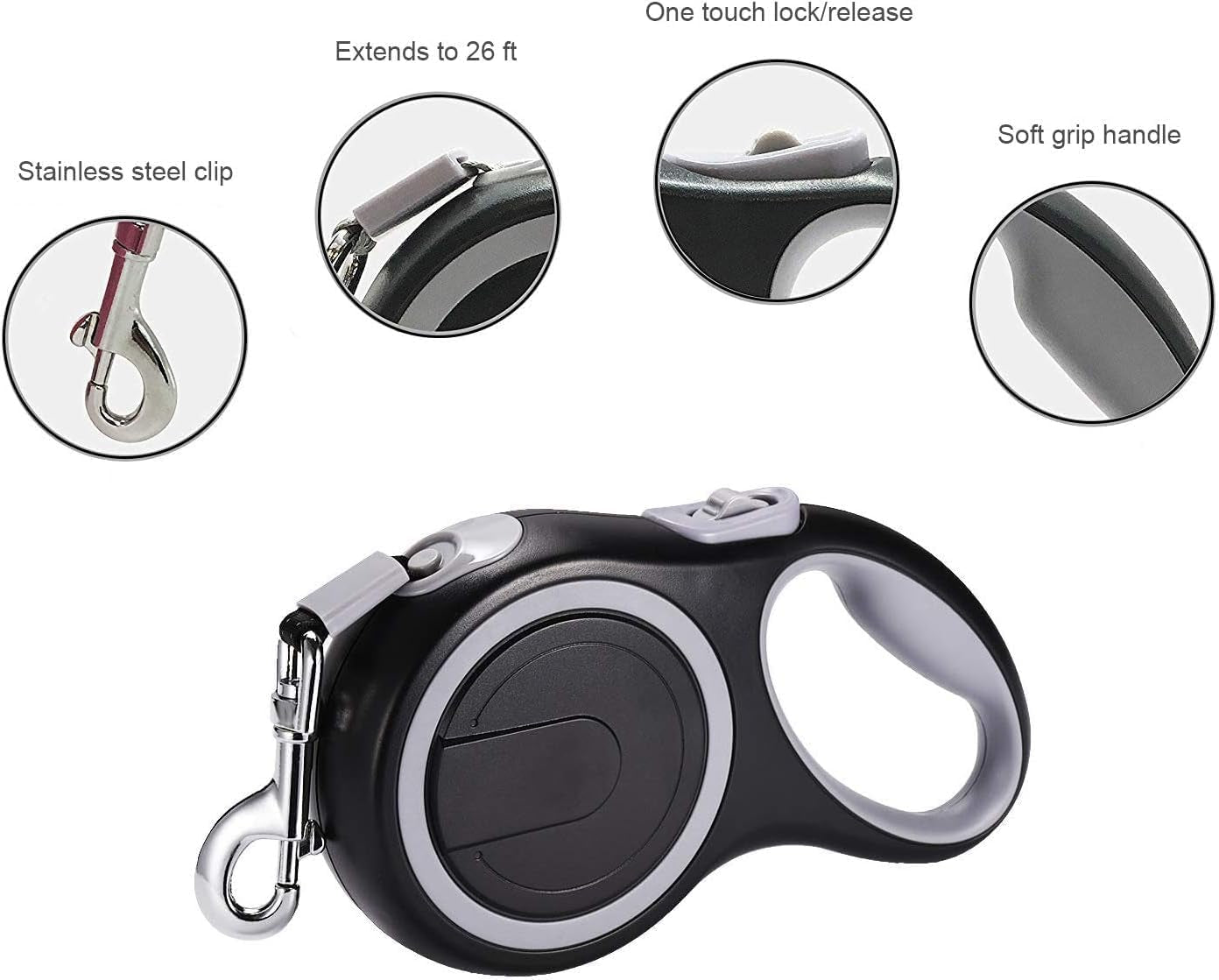 Heavy-Duty Retractable Dog Leash, 26 Feet for Medium to Large Dogs up to 110 lbs, One-Button Brake & Lock, Tangle-Free Design