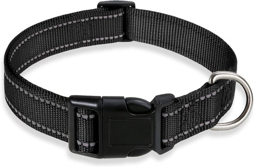 Adjustable Reflective Nylon Dog Collar with Buckle for Small, Medium, and Large Dogs - Black Size S