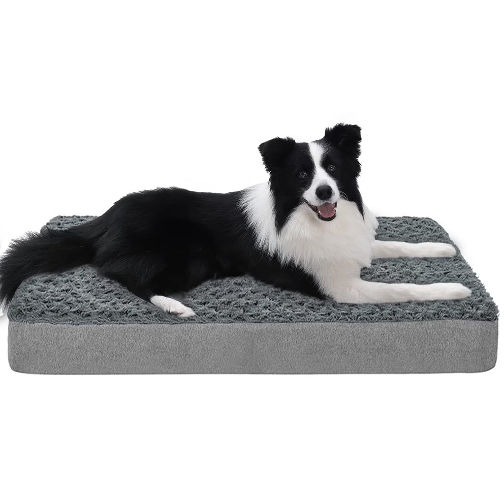 Orthopedic Memory Foam Dog Bed for Large Dogs, Washable Crate Pad with Removable Faux Fur Cover, Soft Plush Design, Suitable for Dogs up to 65 lbs (Grey, 36" x 27" x 3")