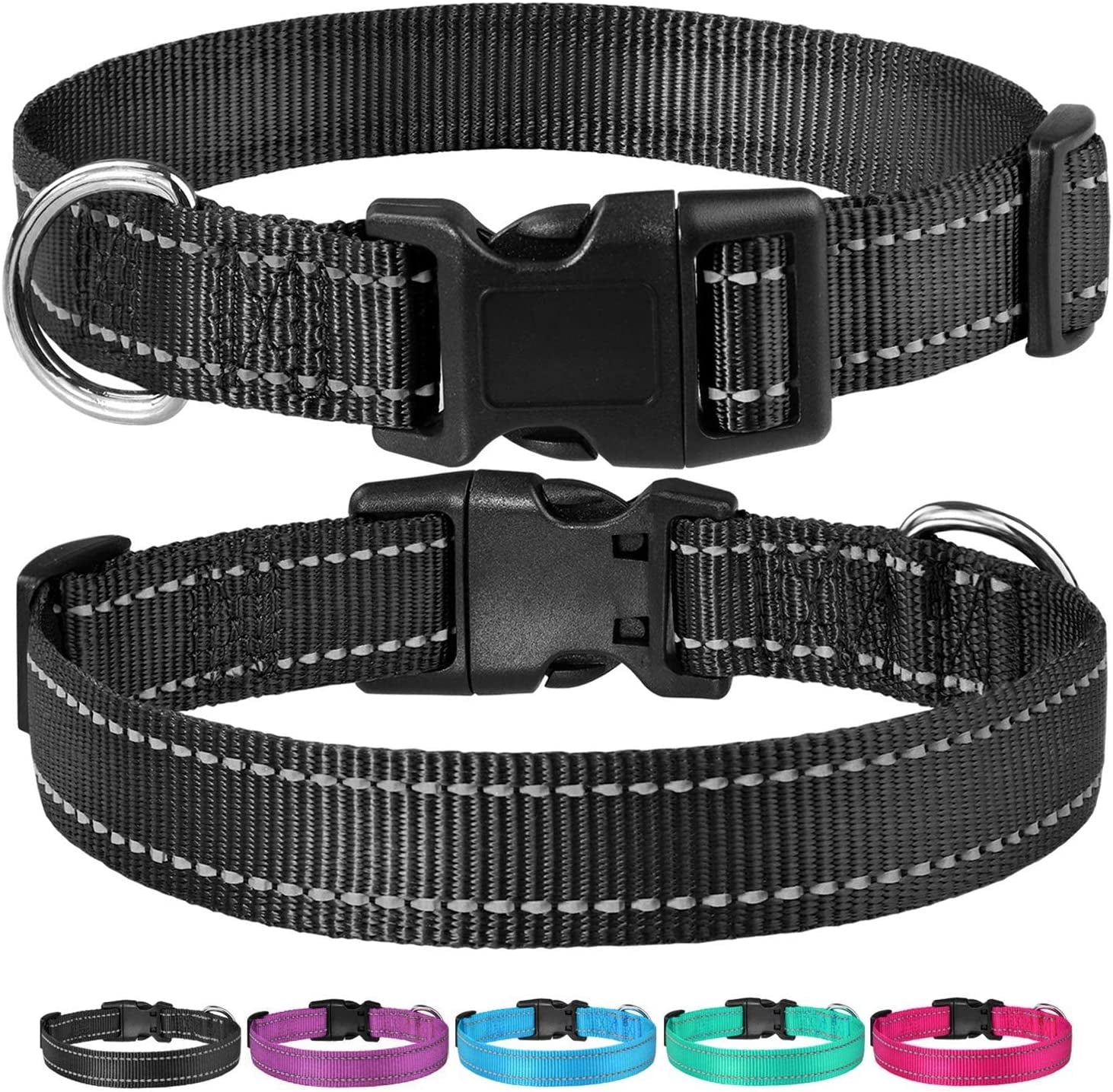 Adjustable Reflective Nylon Dog Collar with Buckle for Small, Medium, and Large Dogs - Black Size S
